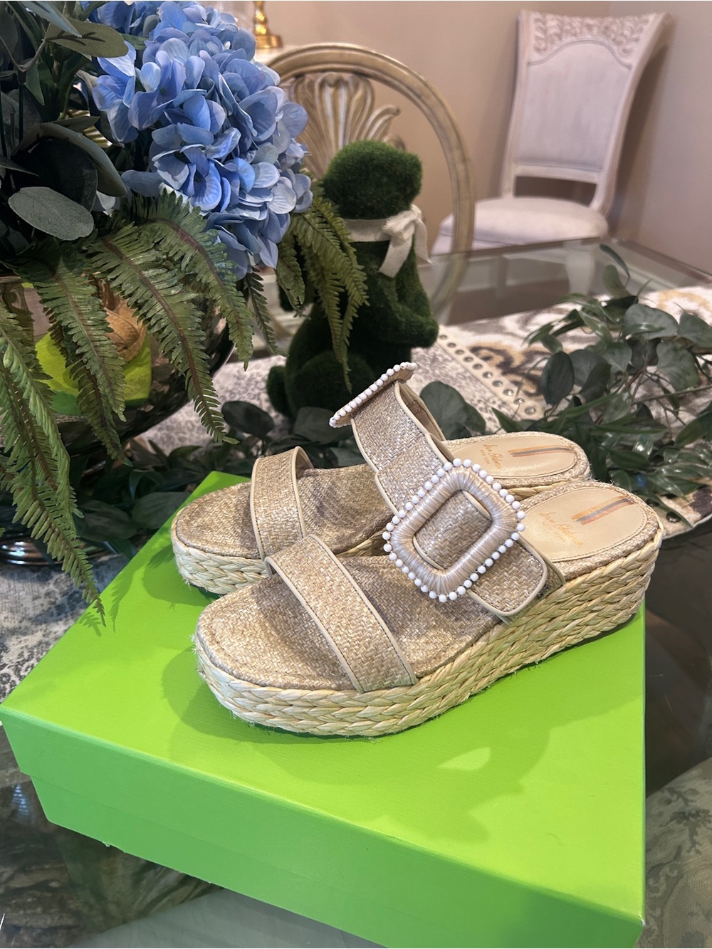 Sam Edelman Natural Beige Woven Espadrille Pearl Buckle Wedge Sandals